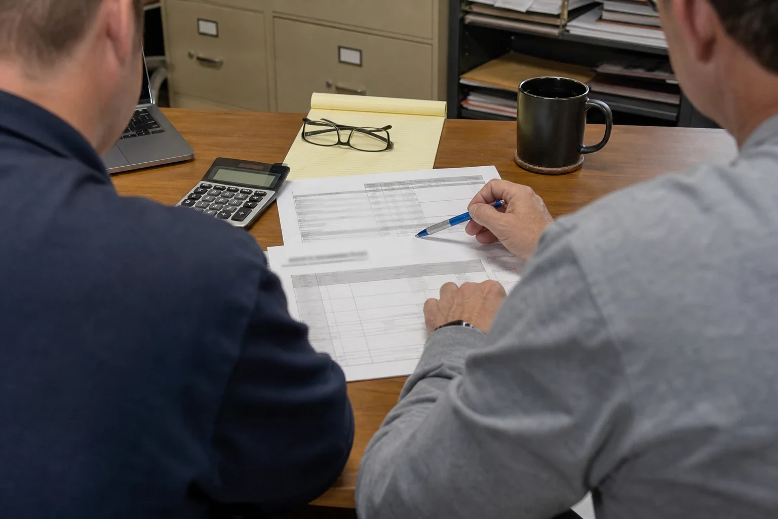 Over-the-shoulder view of two men at an office desk reviewing printed policy statements, one pointing with a pen, beside a calculator, legal pad, glasses and mug.
